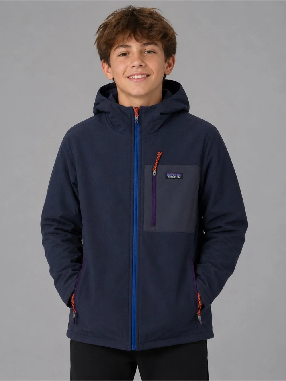 Patagonia XL 14 Boys Navy Hooded Soft Shell Jacket Blue Full Zip Outdoor Coat